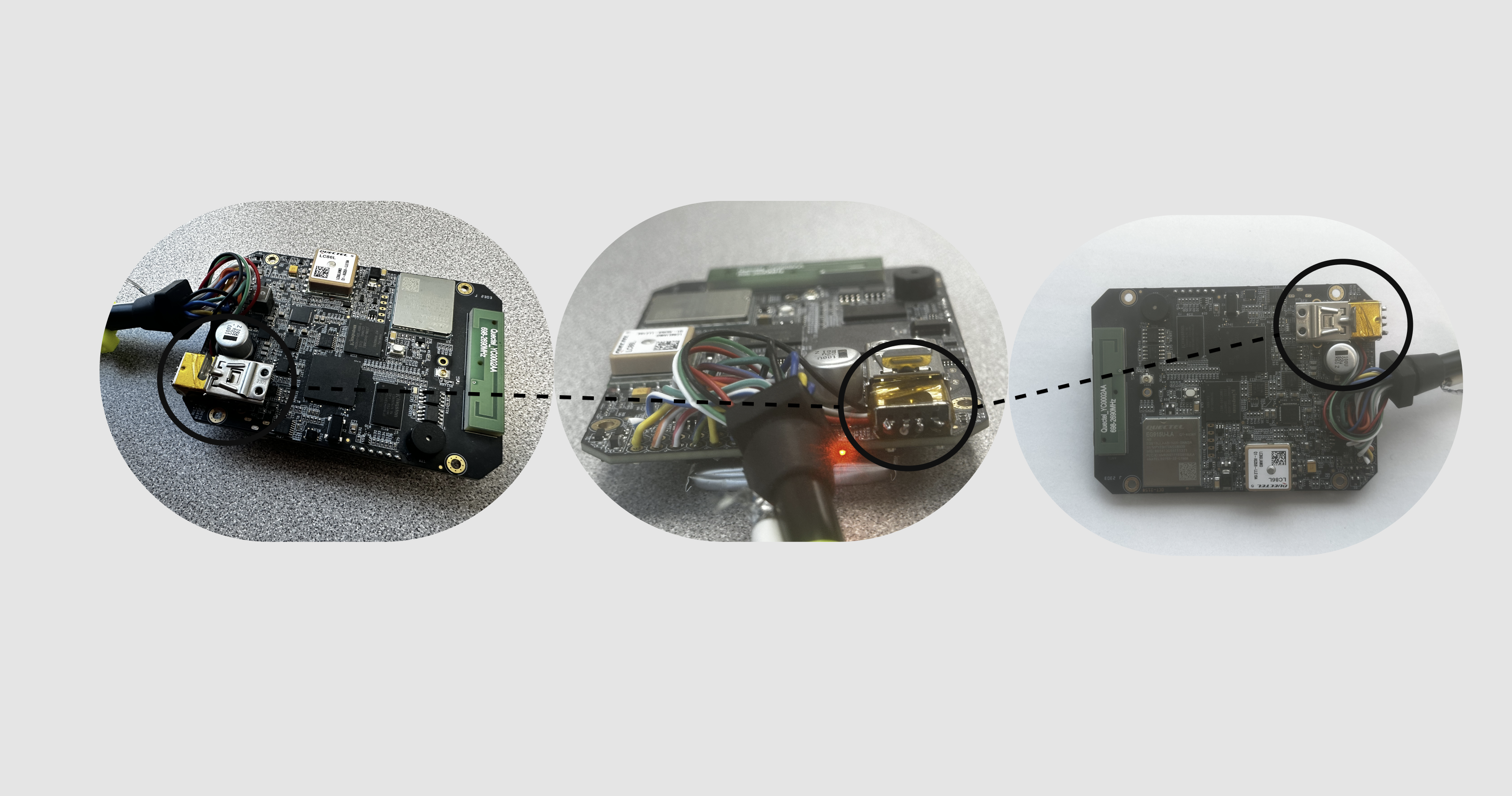 Different angles of the soldering and mounting of the USB audio dongle directly onto the board: connections secured, orientation aligned, and integration completed with full functionality.