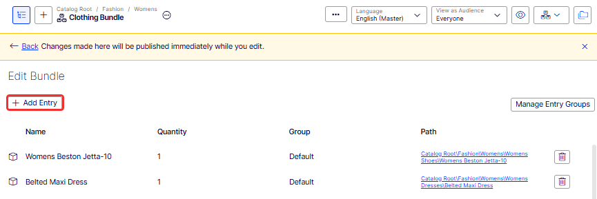 Screenshot of the Edit Bundle window in Commerce Connect.