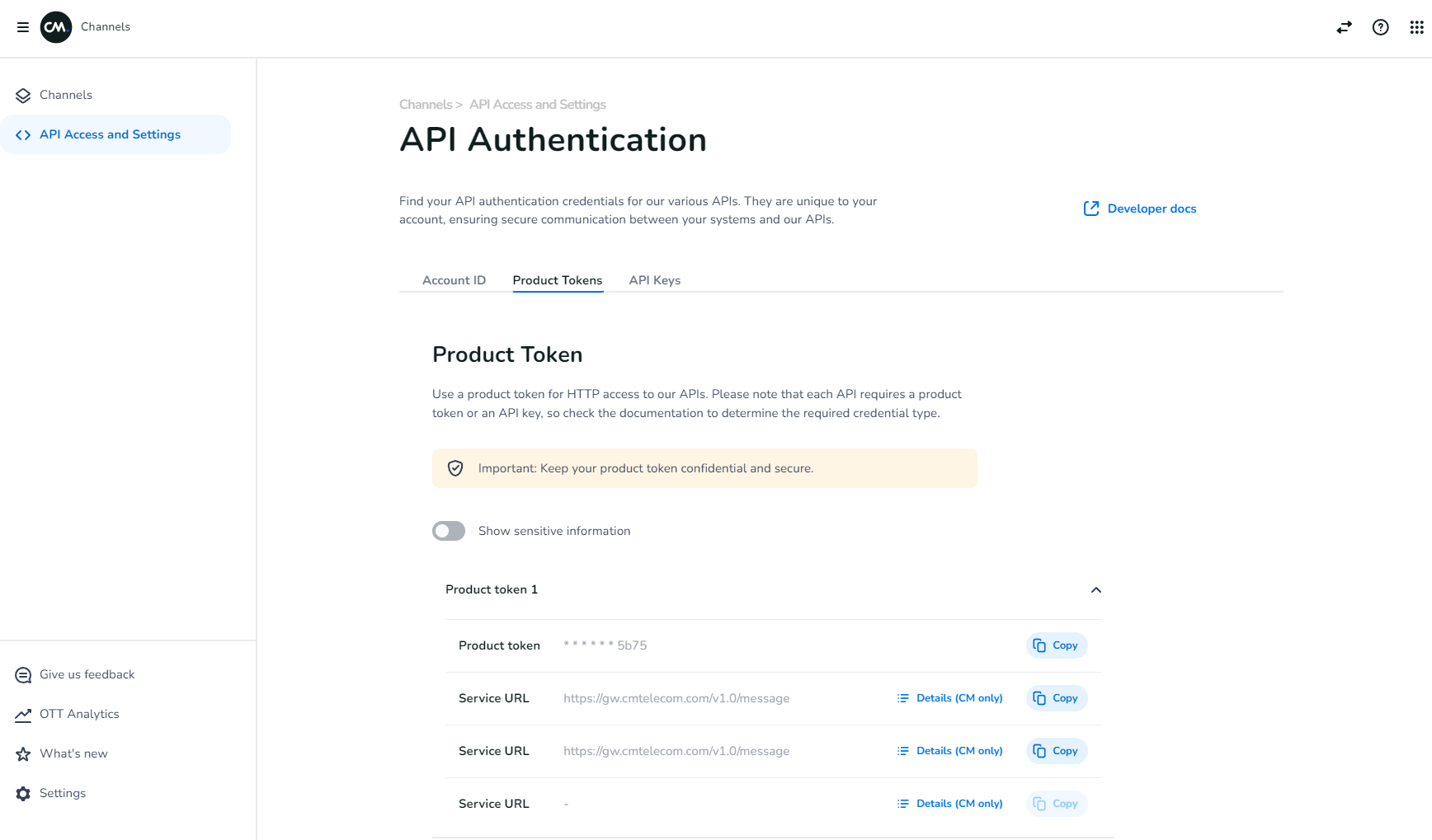 \* Keep your API Keys confidential and secure. Please contact support if this page does not expose any Product Tokens.