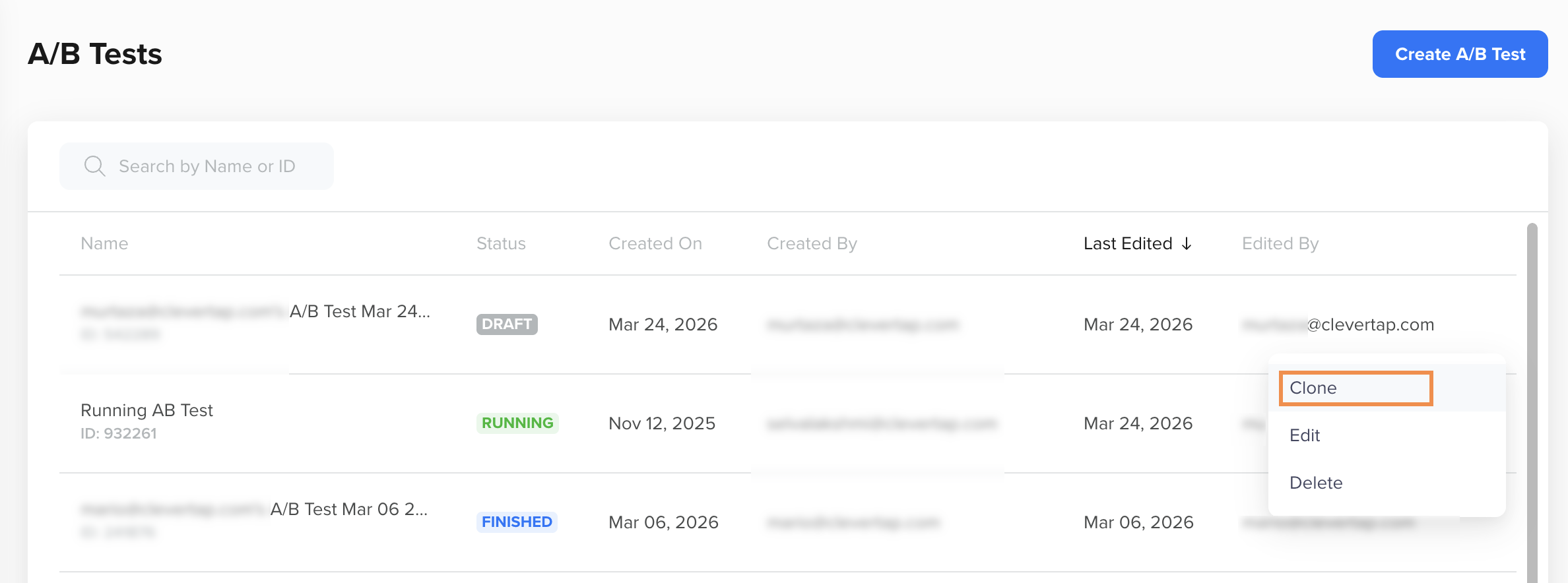 Clone Selected A/B Test