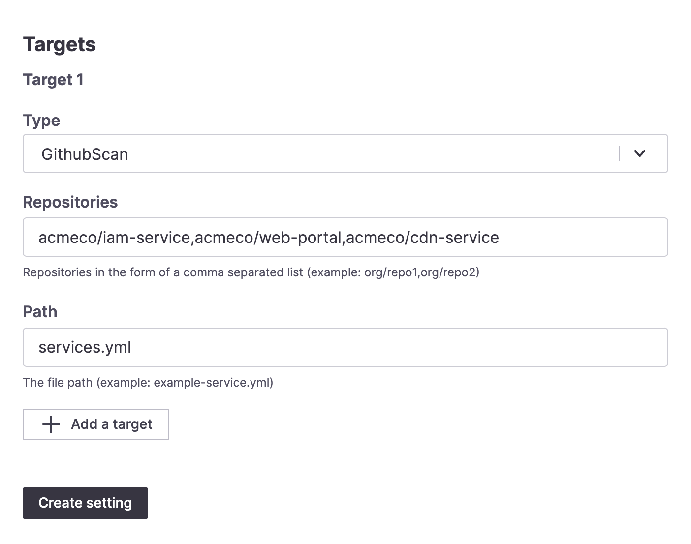 Example target settings