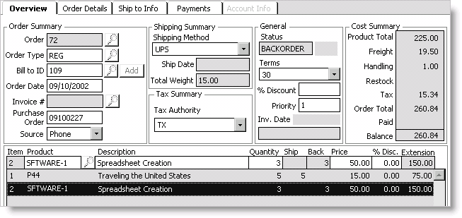 Example of a partially shippable order in backorder status when the Ship Complete, Hold Until 100% Complete option is enabled