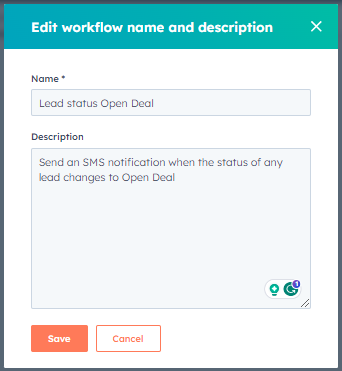 Screenshot of the  workflow name and description confirmation screen