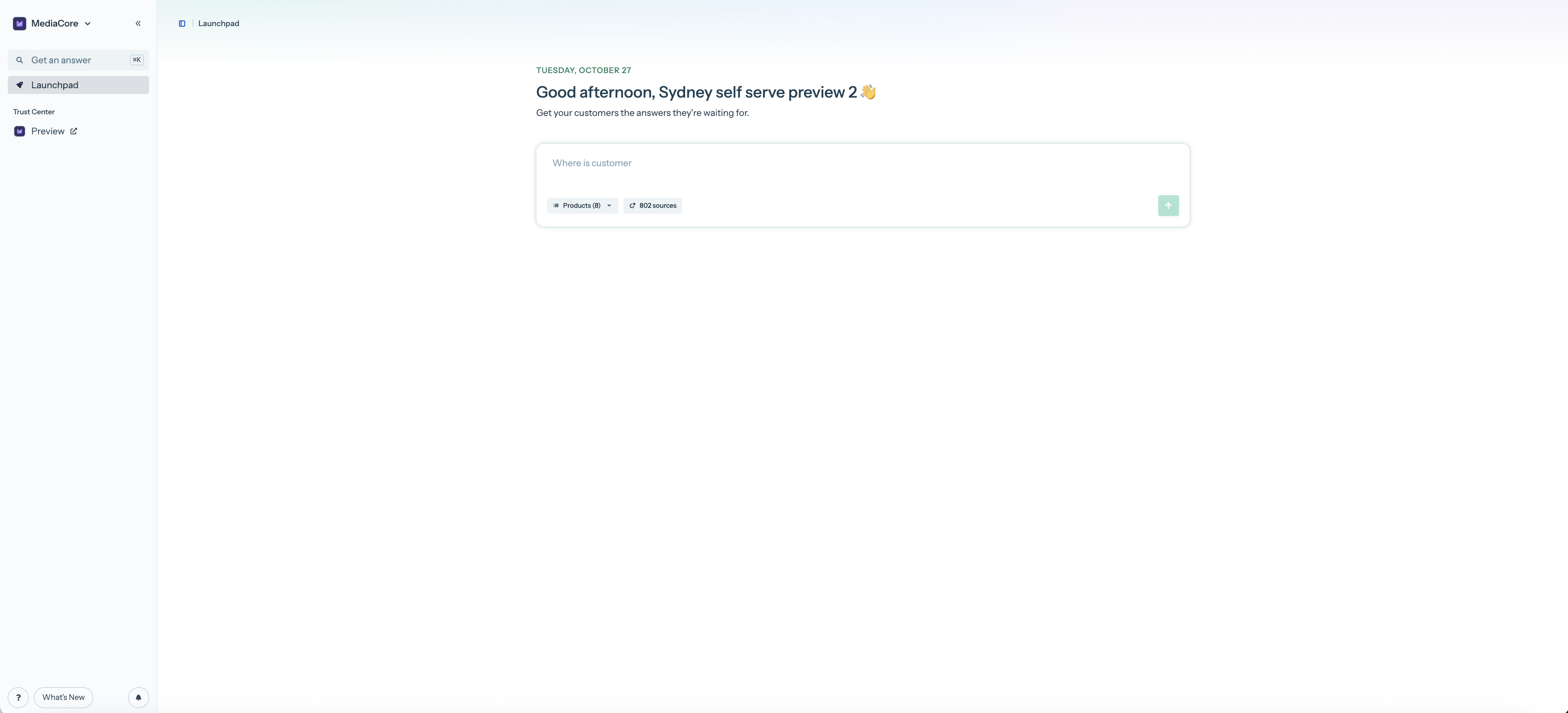 Conveyor left navigation for a user with preview-only permissions, showing Launchpad and a Preview link with an external-link icon under Trust Center.