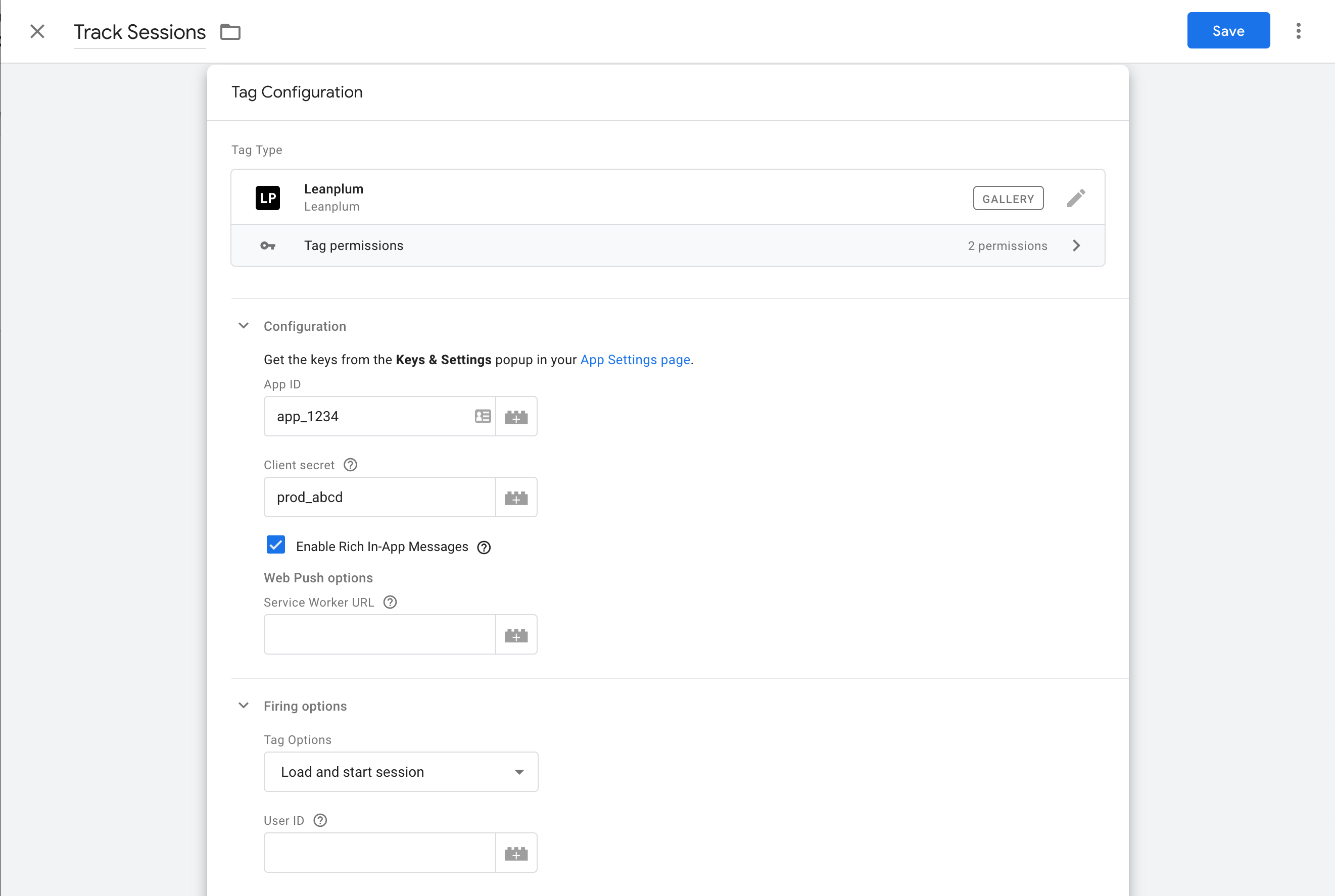 The Google Tag Manager configuration for tracking user sessions. The Application Key and Client Secret fields are set, and the Firing options are set to "Load and start session".