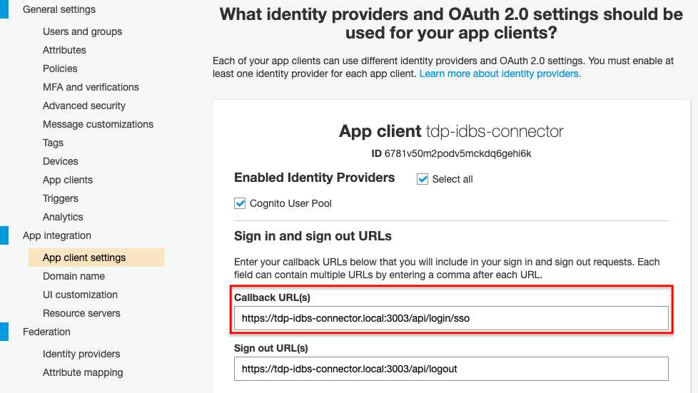 Figure 8. App Client Settings in AWS Cognito