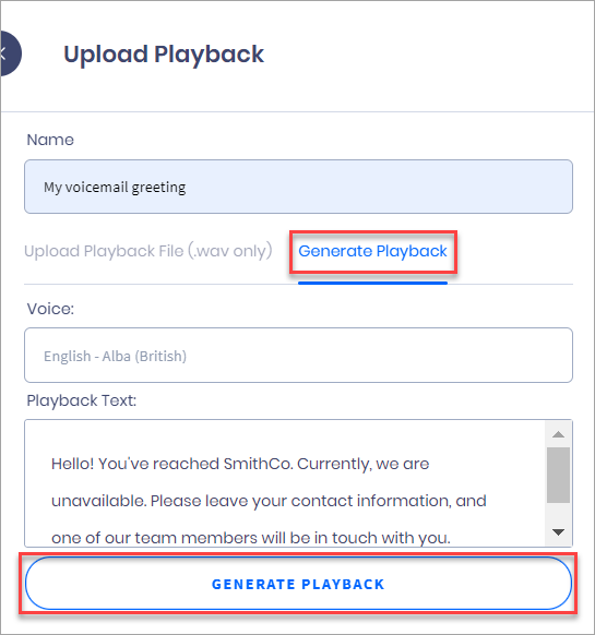 Screenshot of generating a voicemail playback