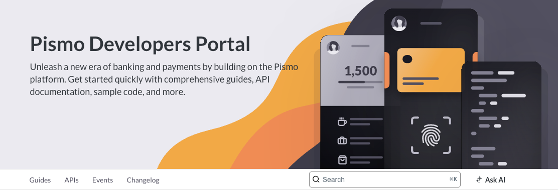 screenshot showing the Pismo Developers Portal homepage banner and navbar