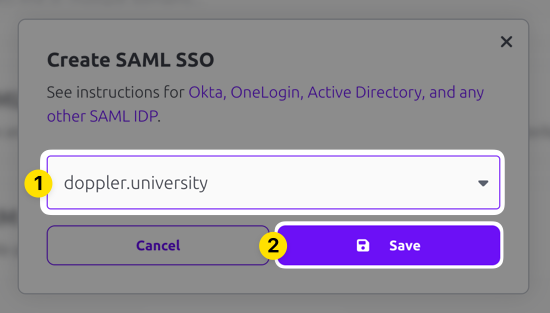 Screenshot of modal in Doppler UI to create SAML SSO connection