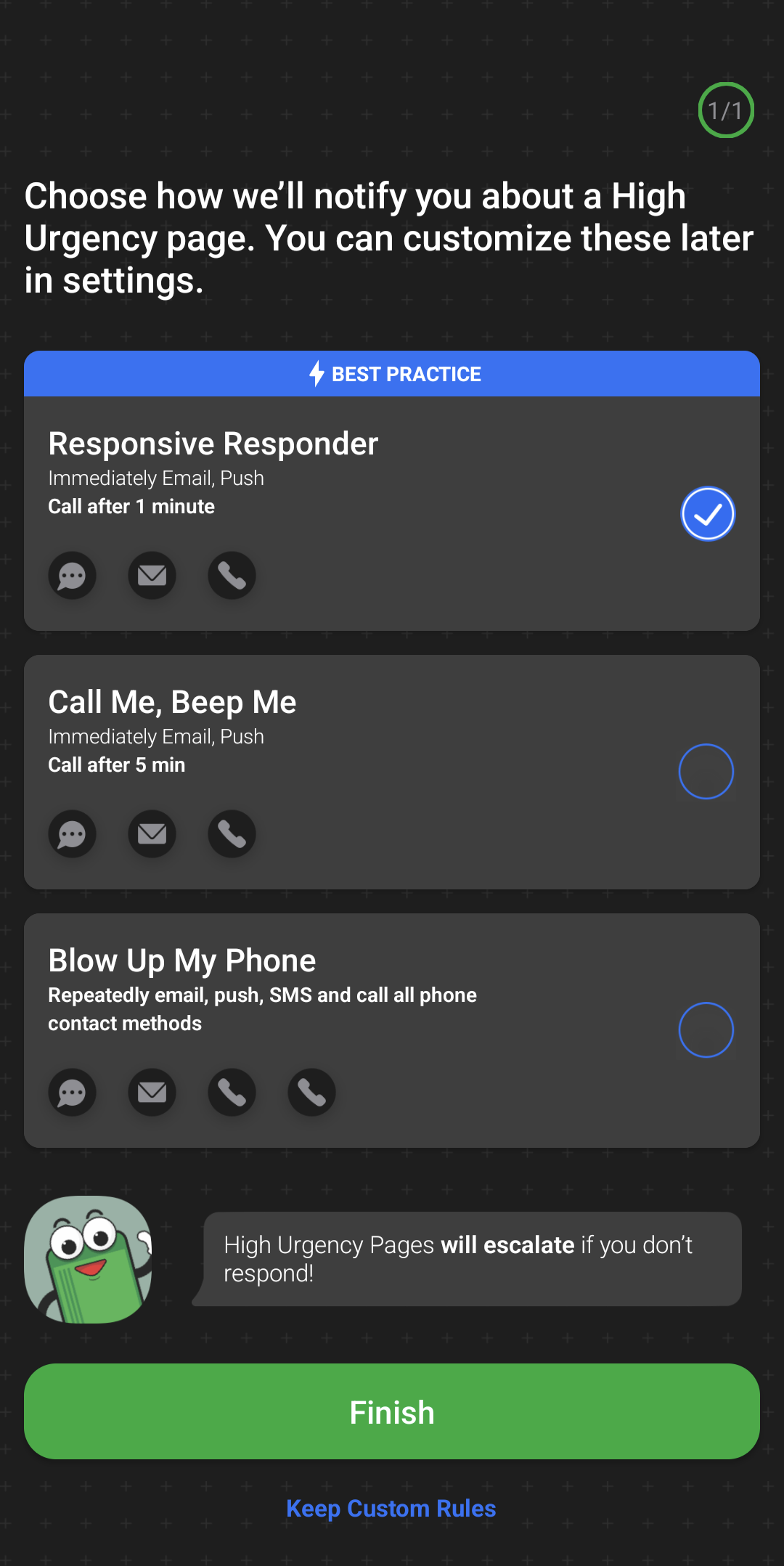 A screenshot of the PagerDuty mobile app's UI detailing mobile notification rule templates