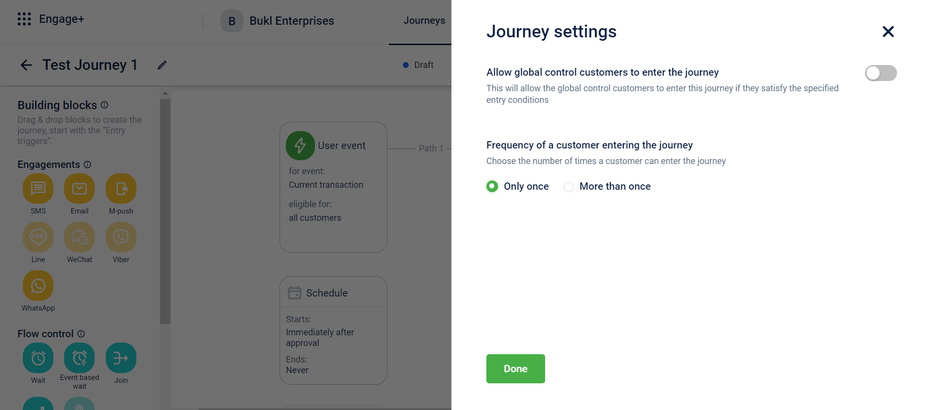 These settings are configurable only in draft/edit state and not when a journey is live