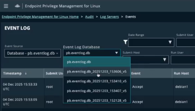 Events page with filtered results in EPM for Linux