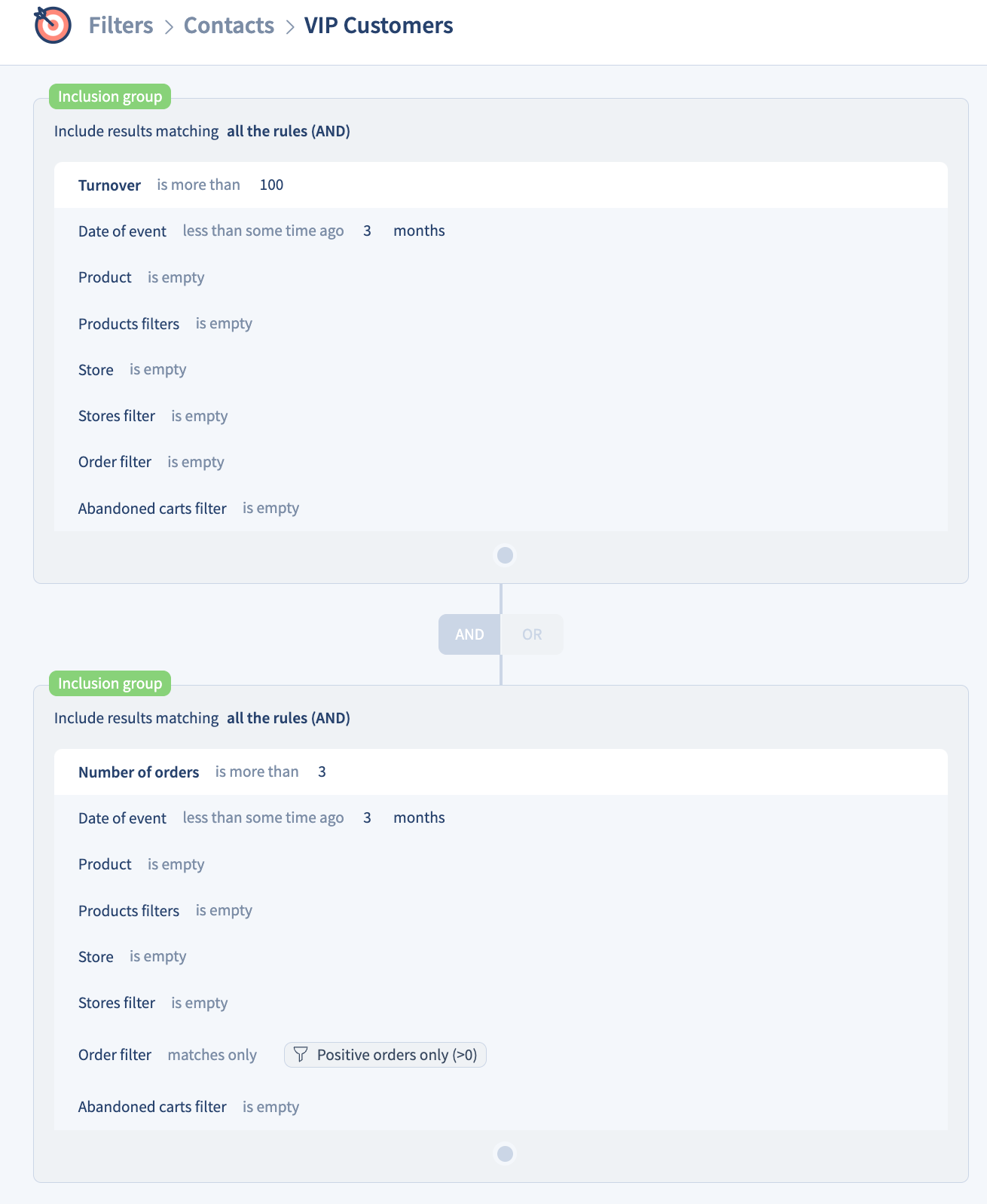 Example Target filter to segment the VIP contacts