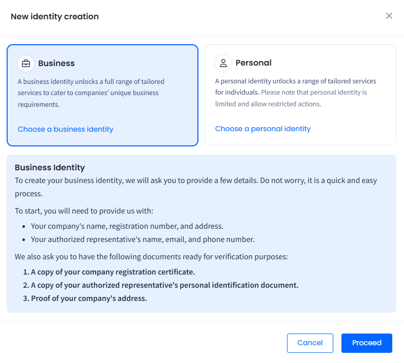 Screenshot of the list of business information and documents to provide