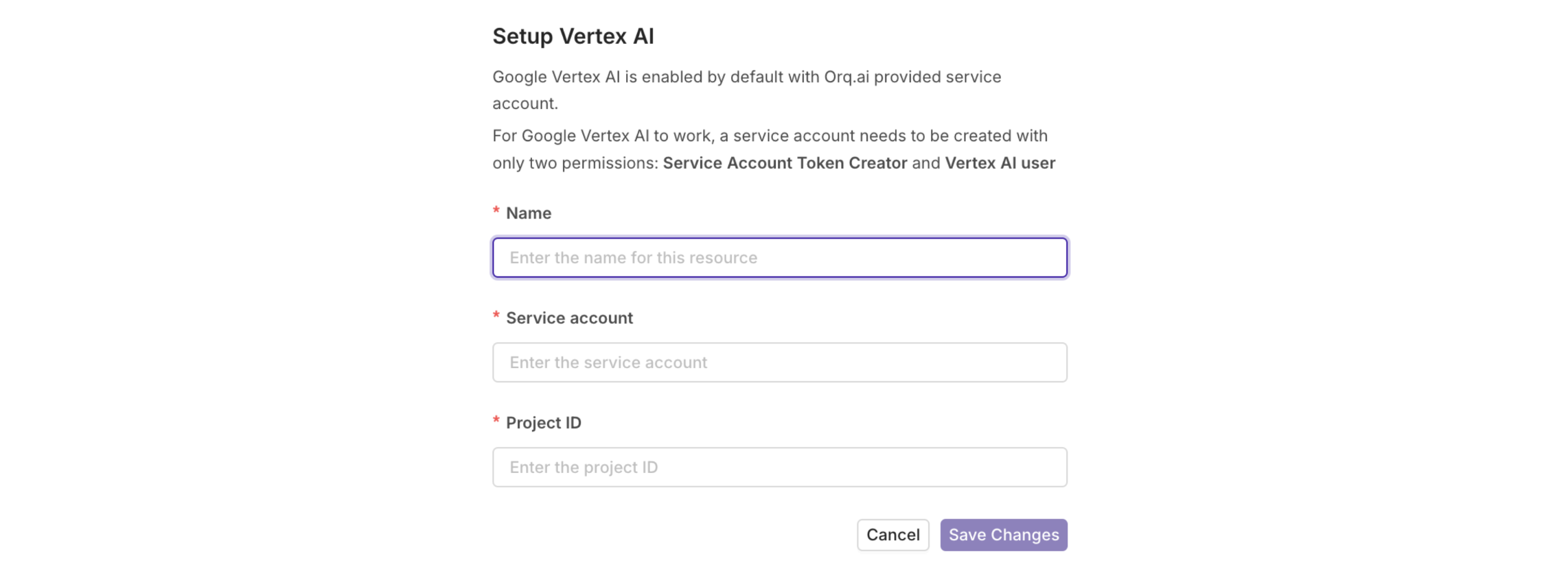 This modal opens when setting up your Vertex AI Integration.