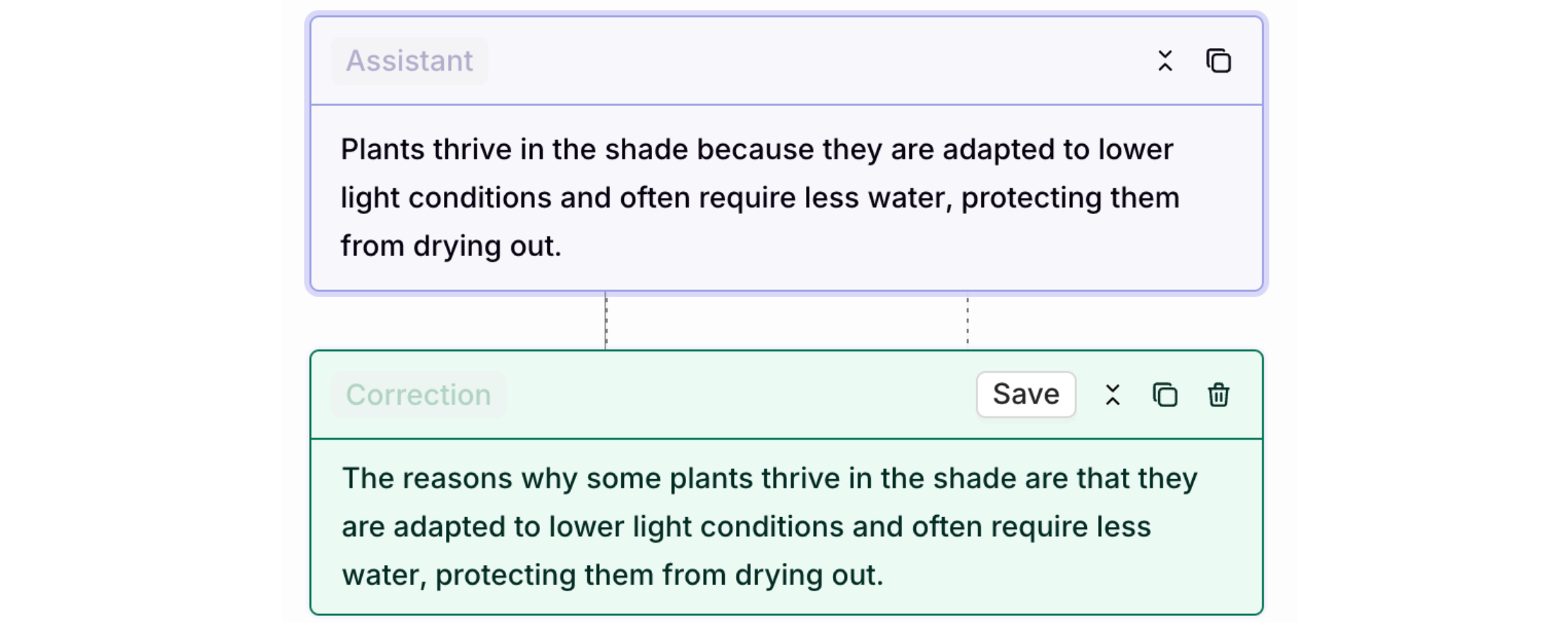 The corrected text and correction will appear next to one another, the **correction** is displayed in green.