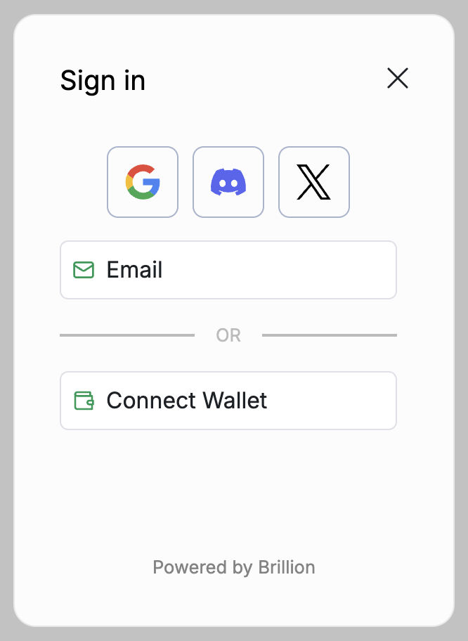 Brillion connector on the white label solution, compatible with email, Google, and all major web3 wallets