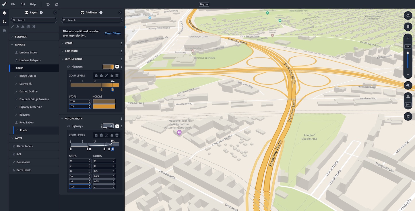 Screenshot: The HERE Style Editor showing a custom map configuration.