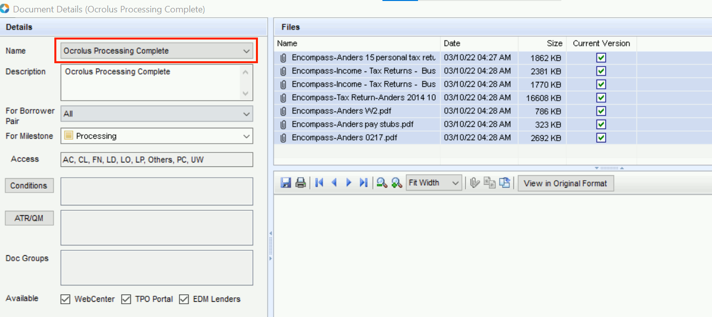 An eFolder named "Ocrolus Processing Complete" is selected. The processed files are shown in a table on the right.