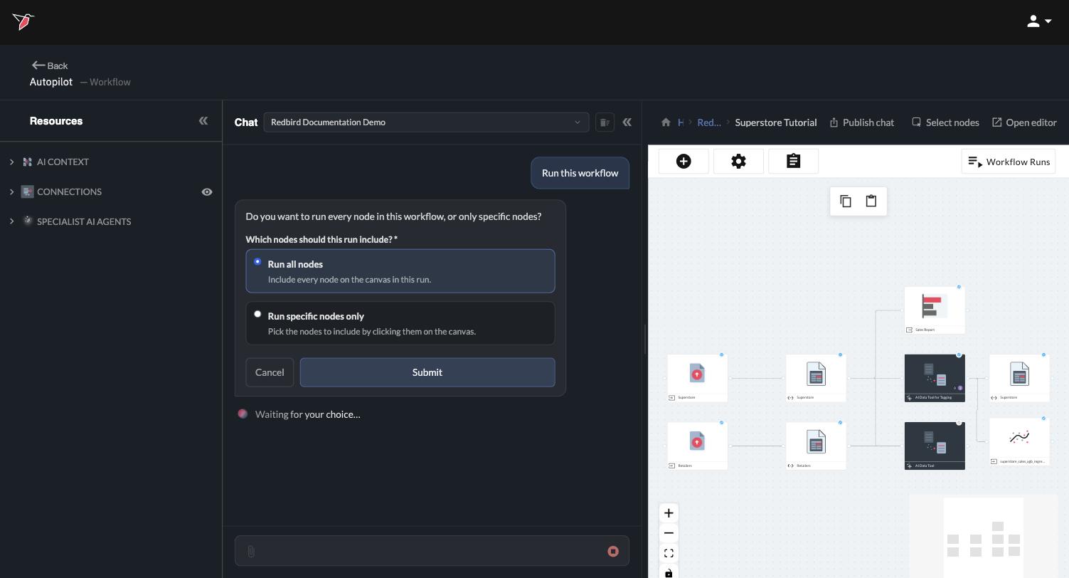 Autopilot asks whether the run should include every node or only specific nodes