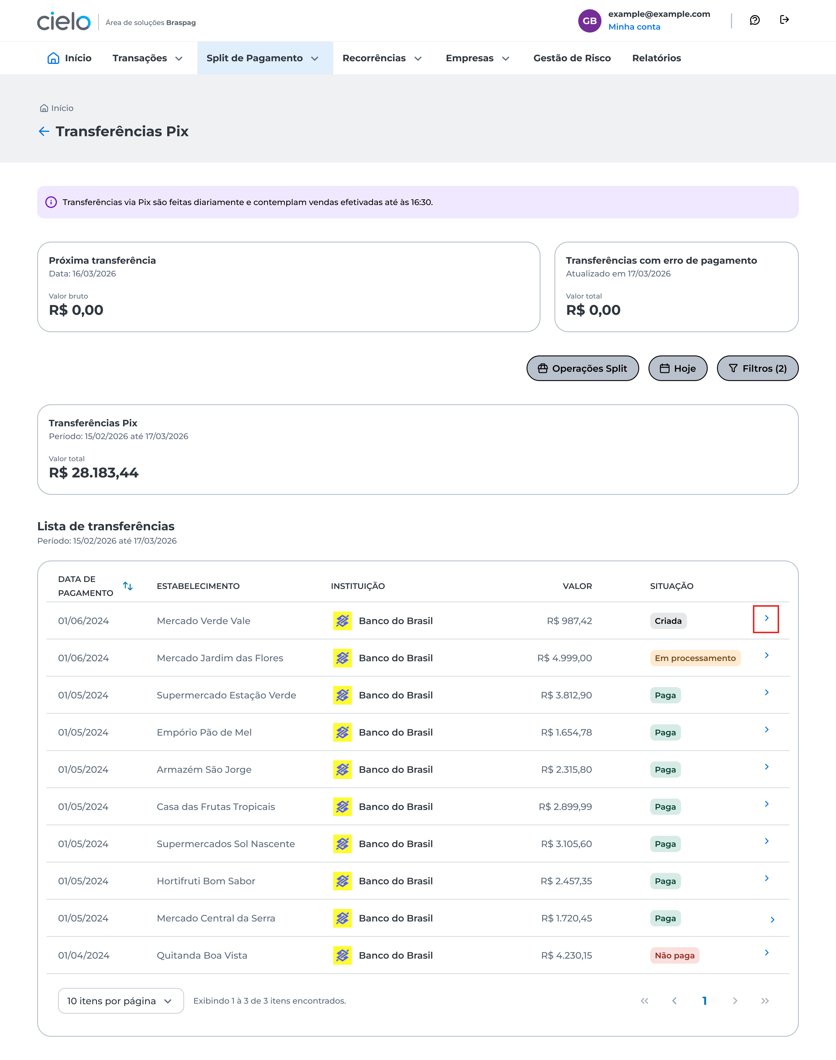 Tela de Detalhe da Transferência Pix exibindo informações completas de um repasse, incluindo dados da transação, valores, status e identificação, acessada a partir da lista de transferências.