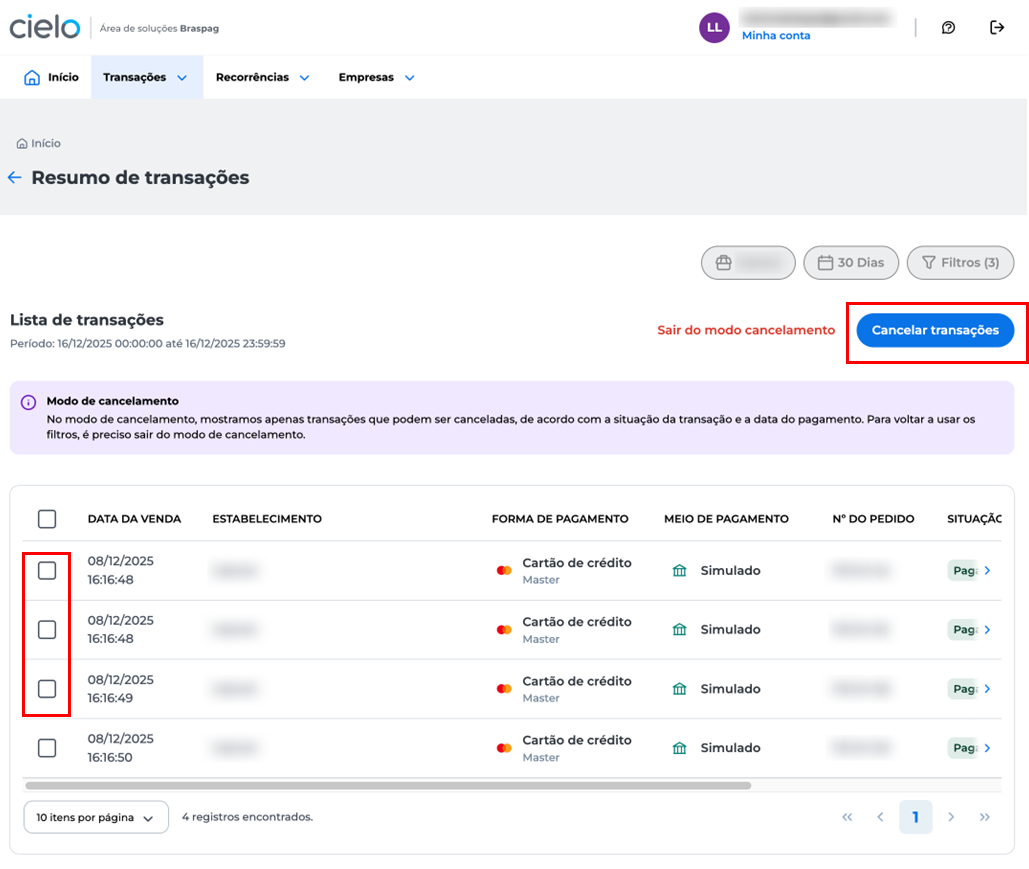 Tela do Portal E-commerce exibindo lista de transações com checkboxes à esquerda e botão “Cancelar transações” destacado no topo.