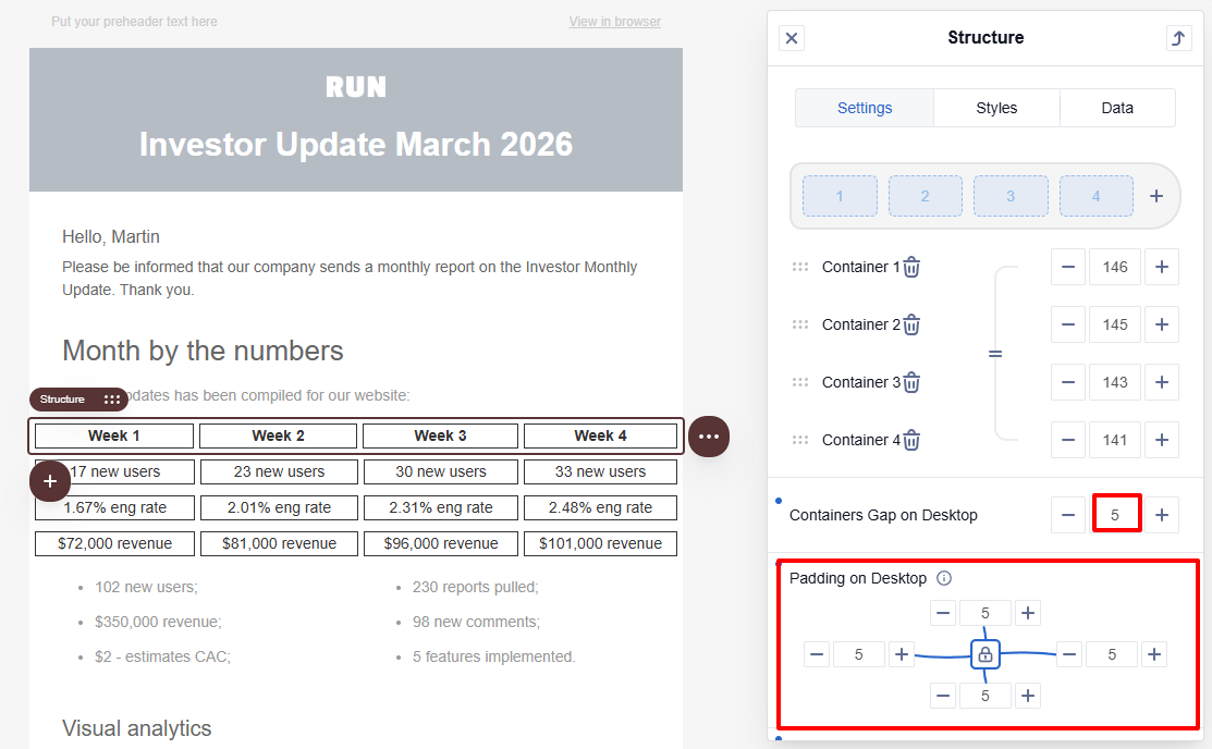 Updating gaps and padding