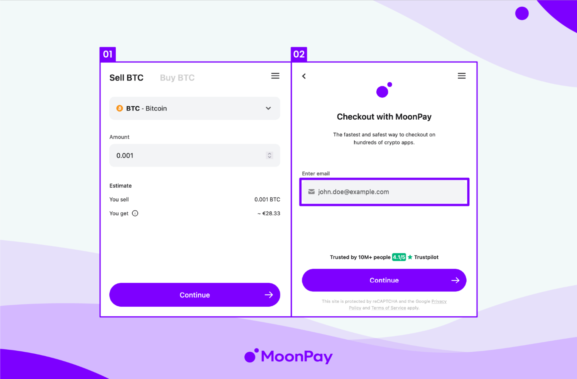 Step 1-2 on how to sell cryptocurrency with MoonPay.