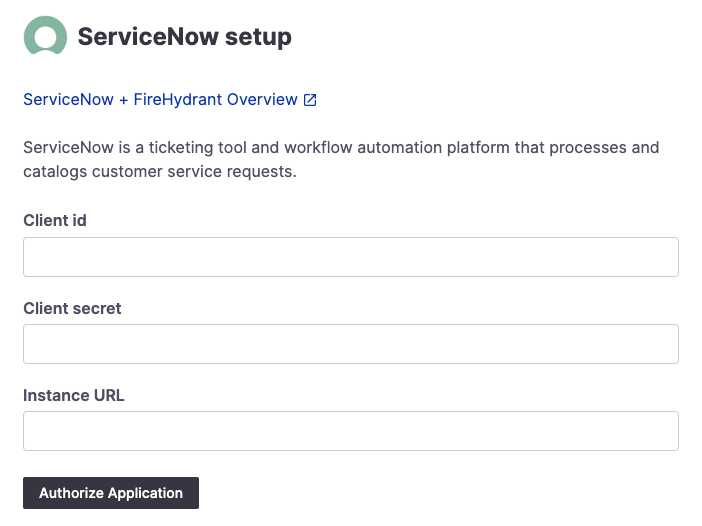 ServiceNow details on settings page