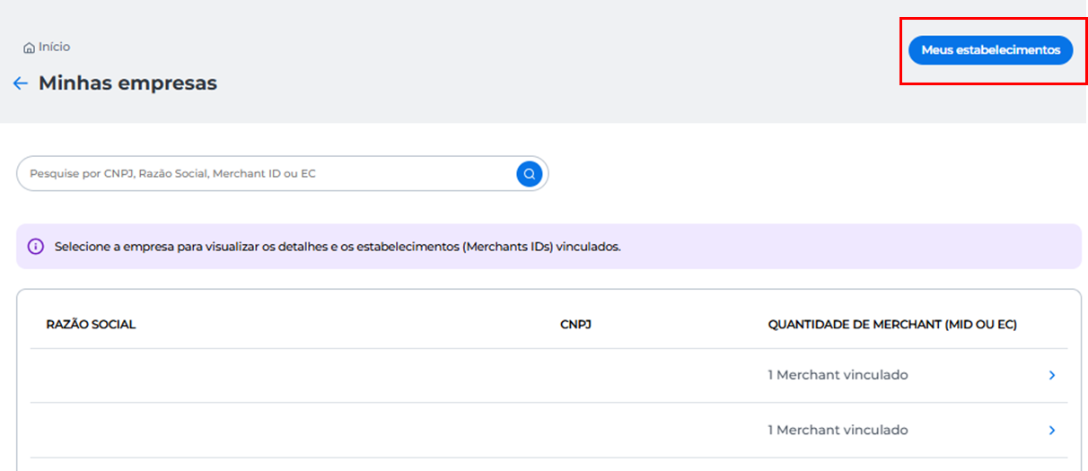 Página 'Minhas empresas' com barra de busca, aviso de seleção e tabela de empresas; botão 'Meus estabelecimentos' no topo direito.