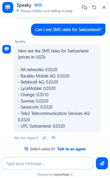 Screenshot of the Speaky reply in the chat