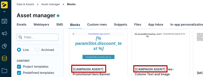 Asset Manager Blocks tab showing two blocks with the [CAMPAIGN AGENT] prefix.