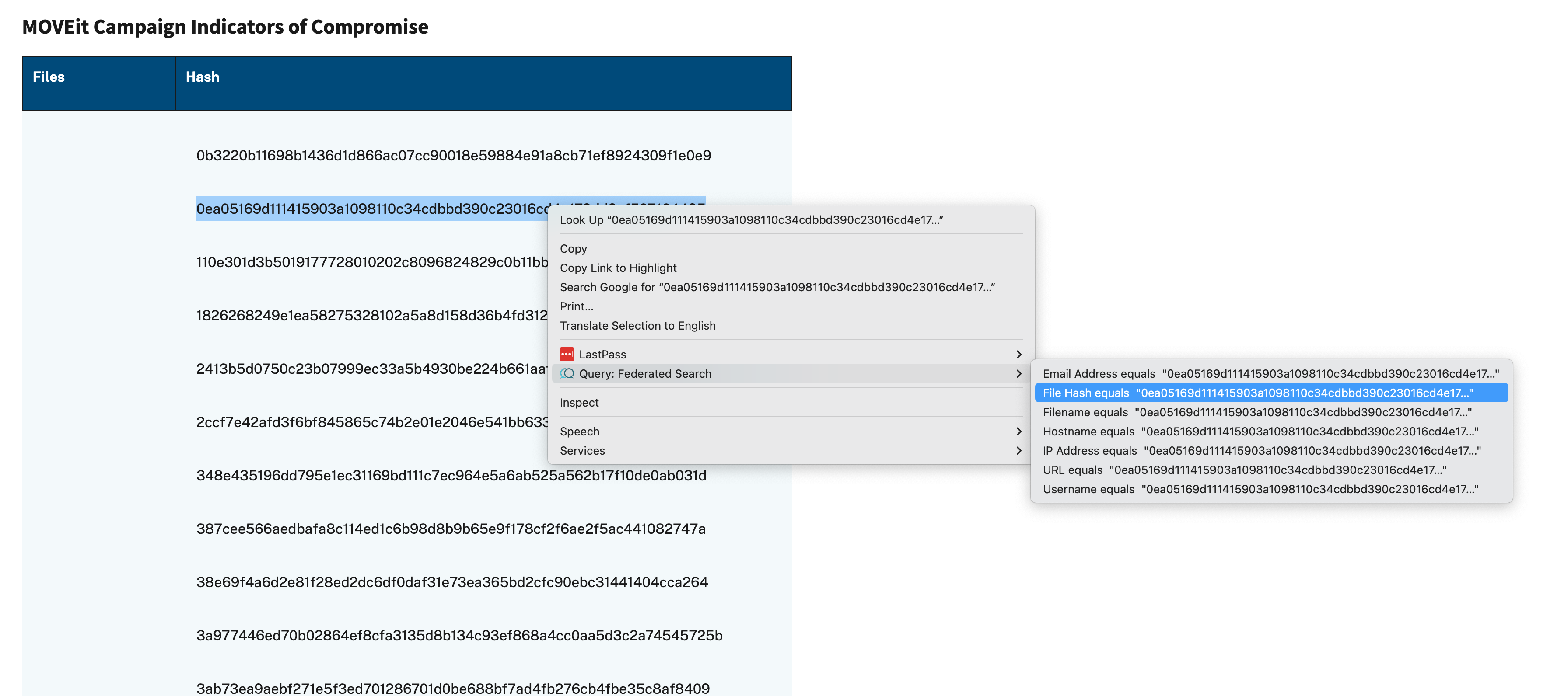 Launching Query Extension from a CISA Advisory's IOC listings