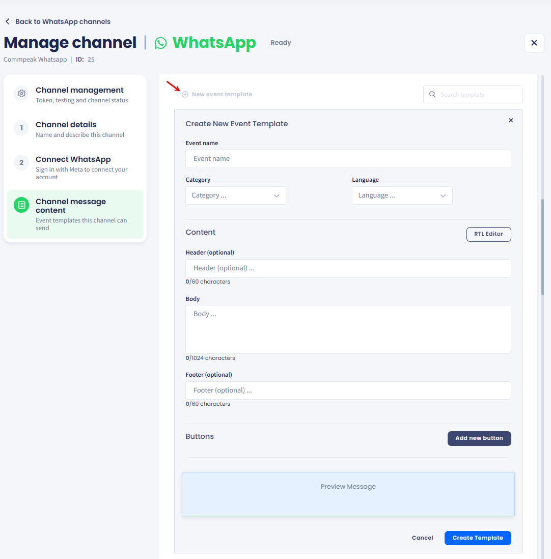 Screenshot of the New event template button in Channel message content