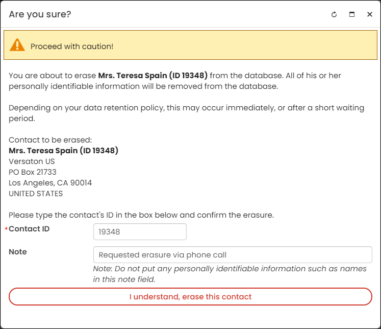 Confirmation window asking the staff user to confirm the erasure one last time