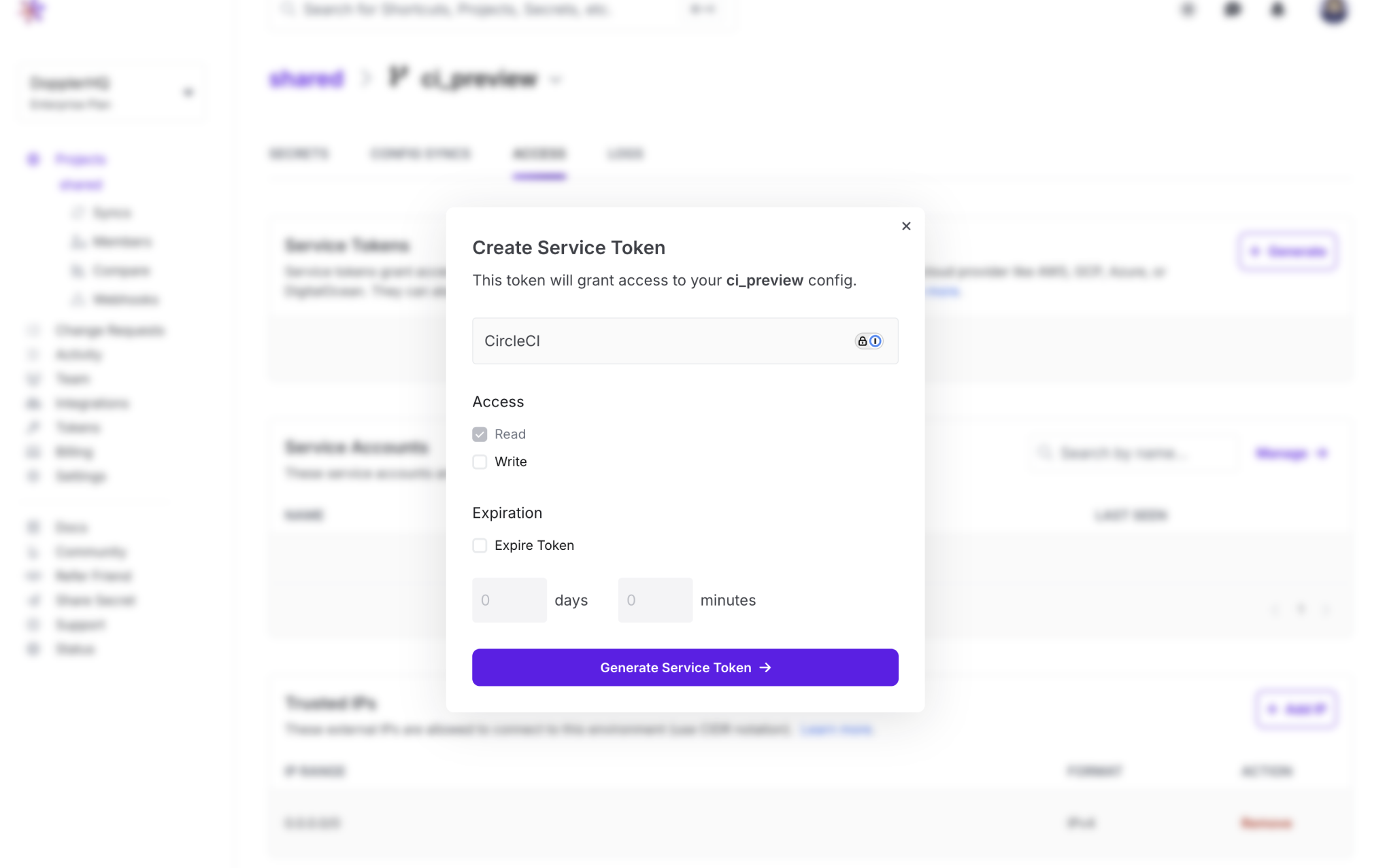 Screenshot of Doppler UI showing the generate service token modal