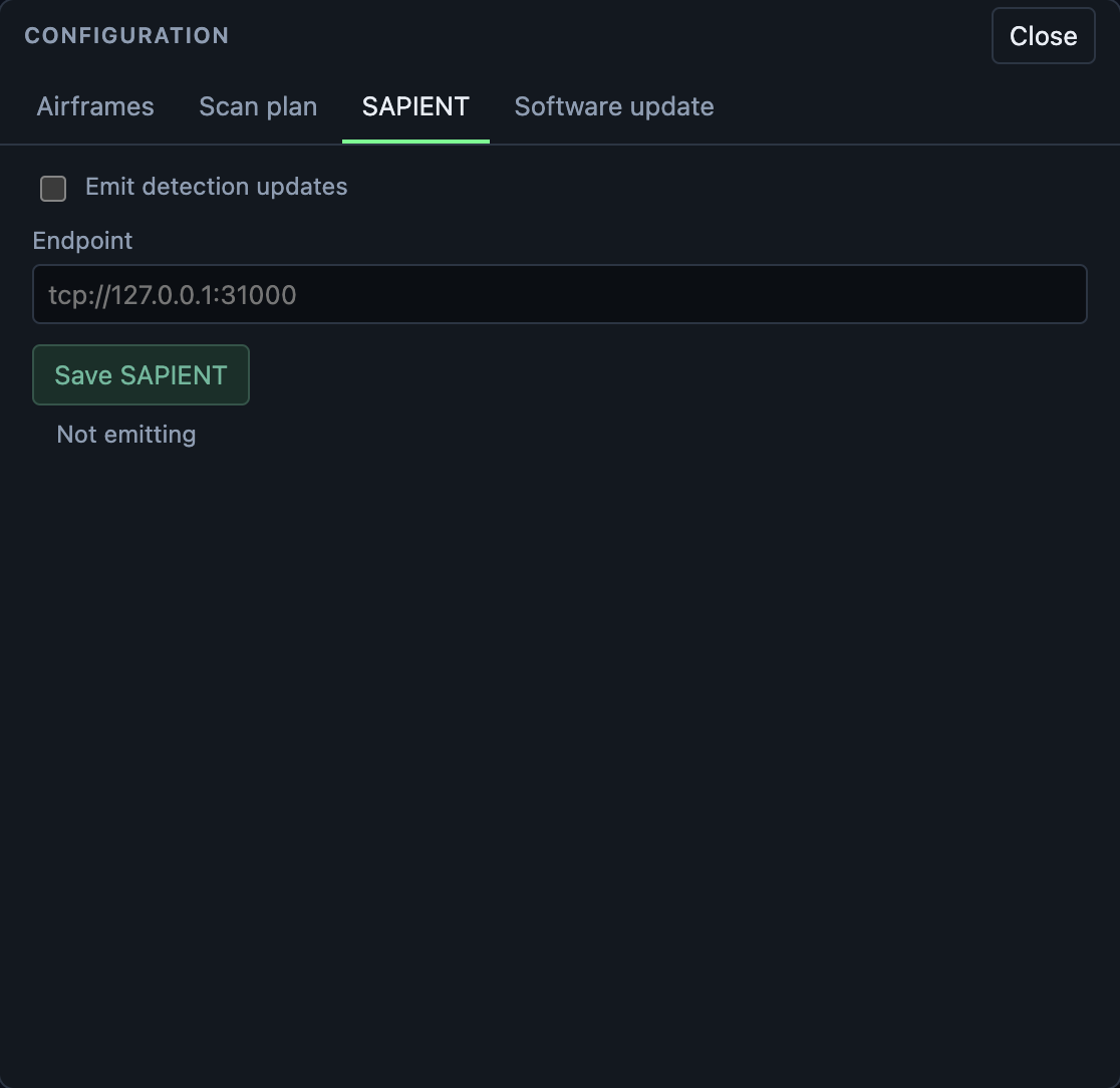 The SAPIENT tab, with Emit detection updates off.