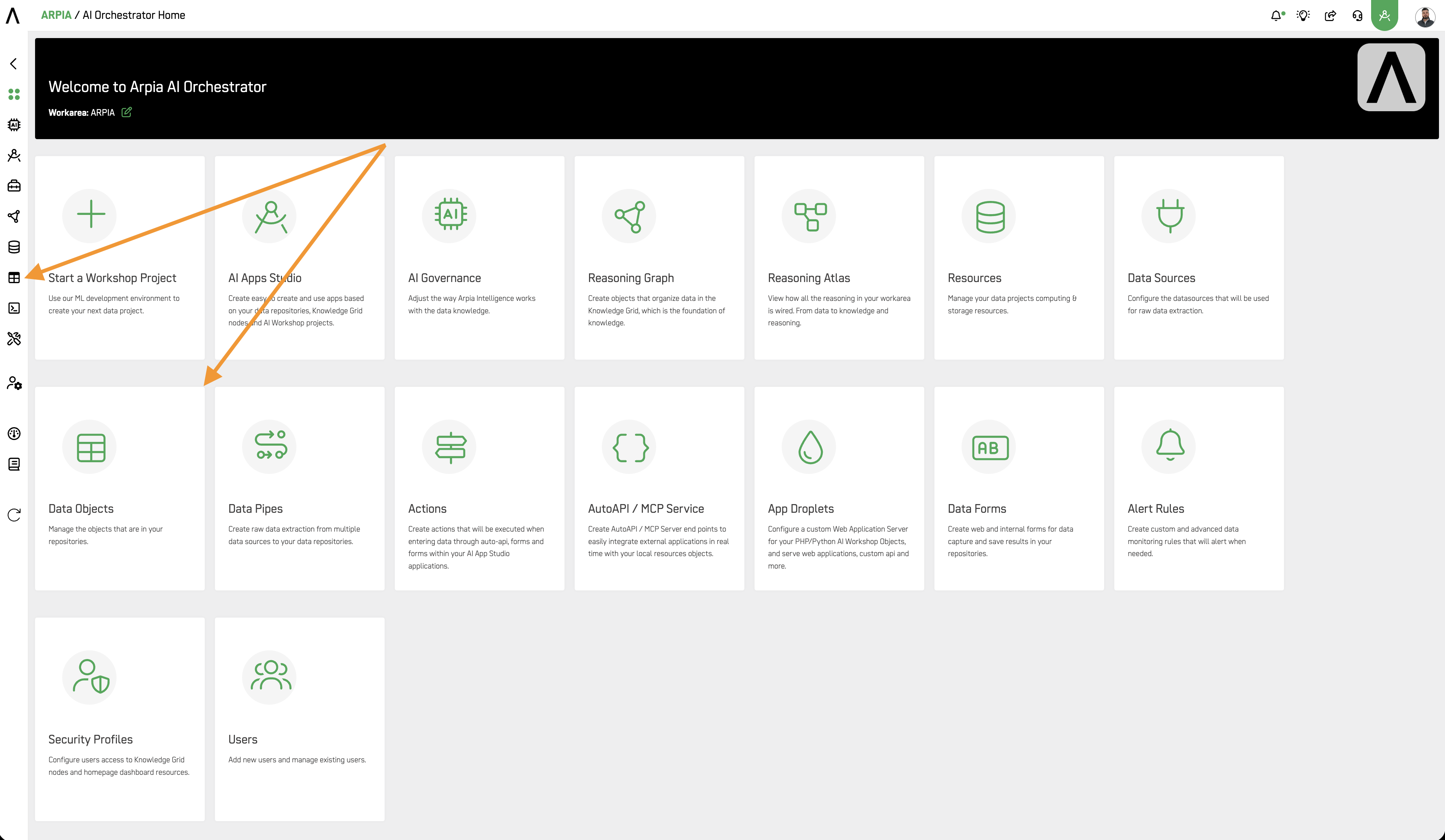 Step 1: Data Object section in the Orchestrator toolbar