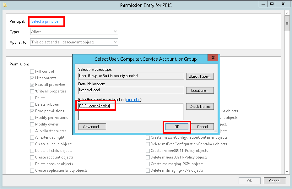 Permission Entry dialog for an OU