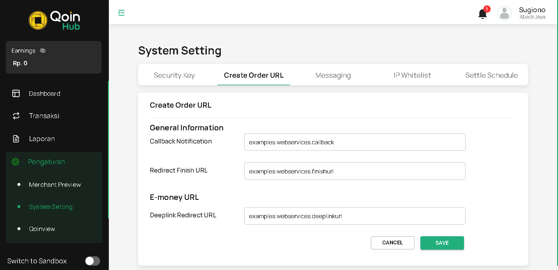 Halaman System Setting Create Order URL – Input Data