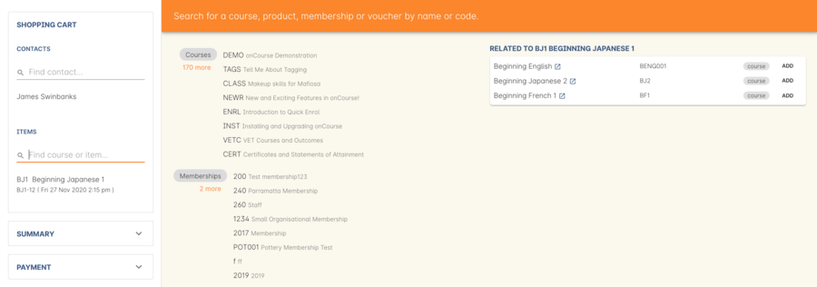 Figure 154. Courses marked with 'Similar' relationships appear here in the course/item search of Checkout