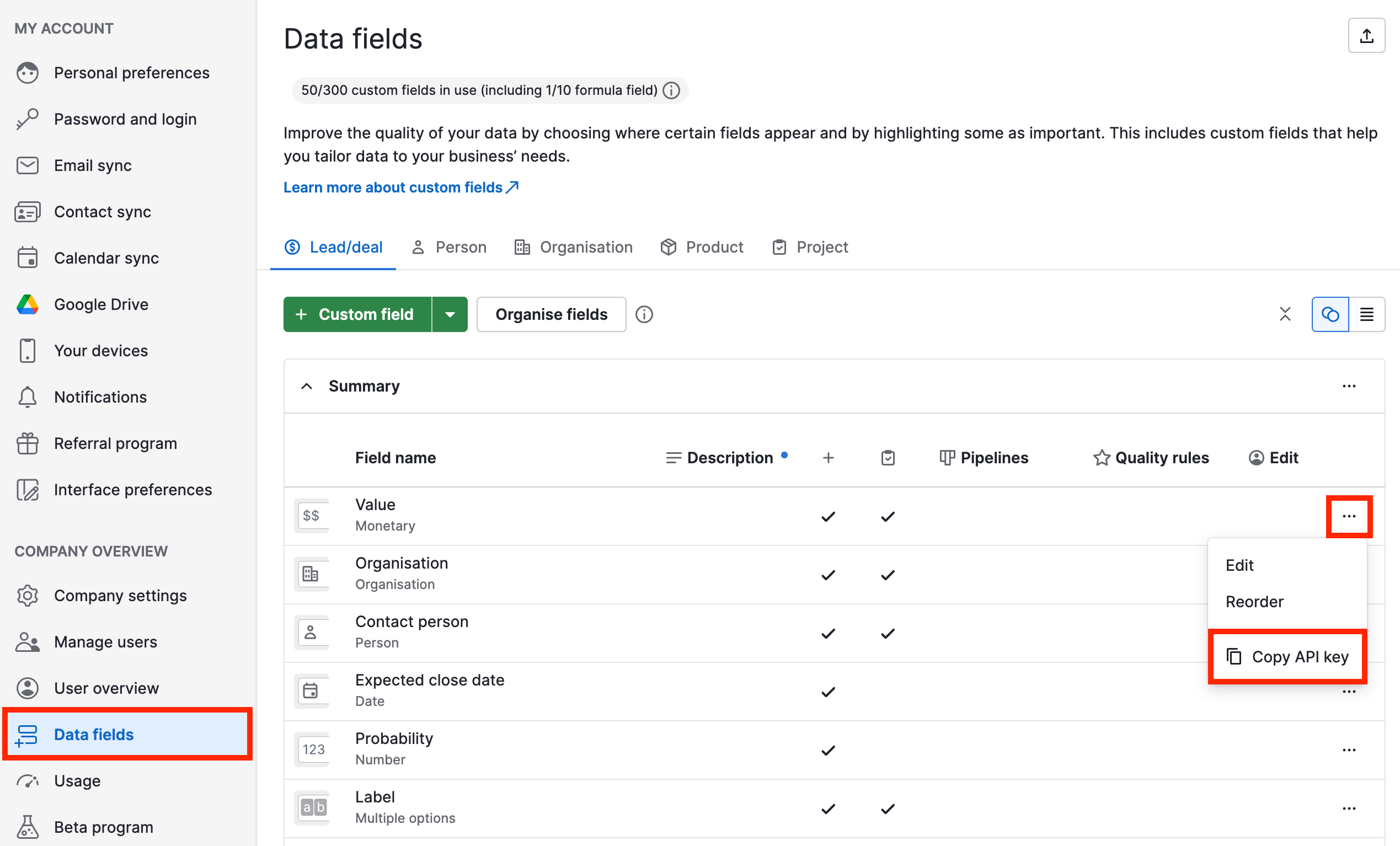 Finding the API key of a custom field