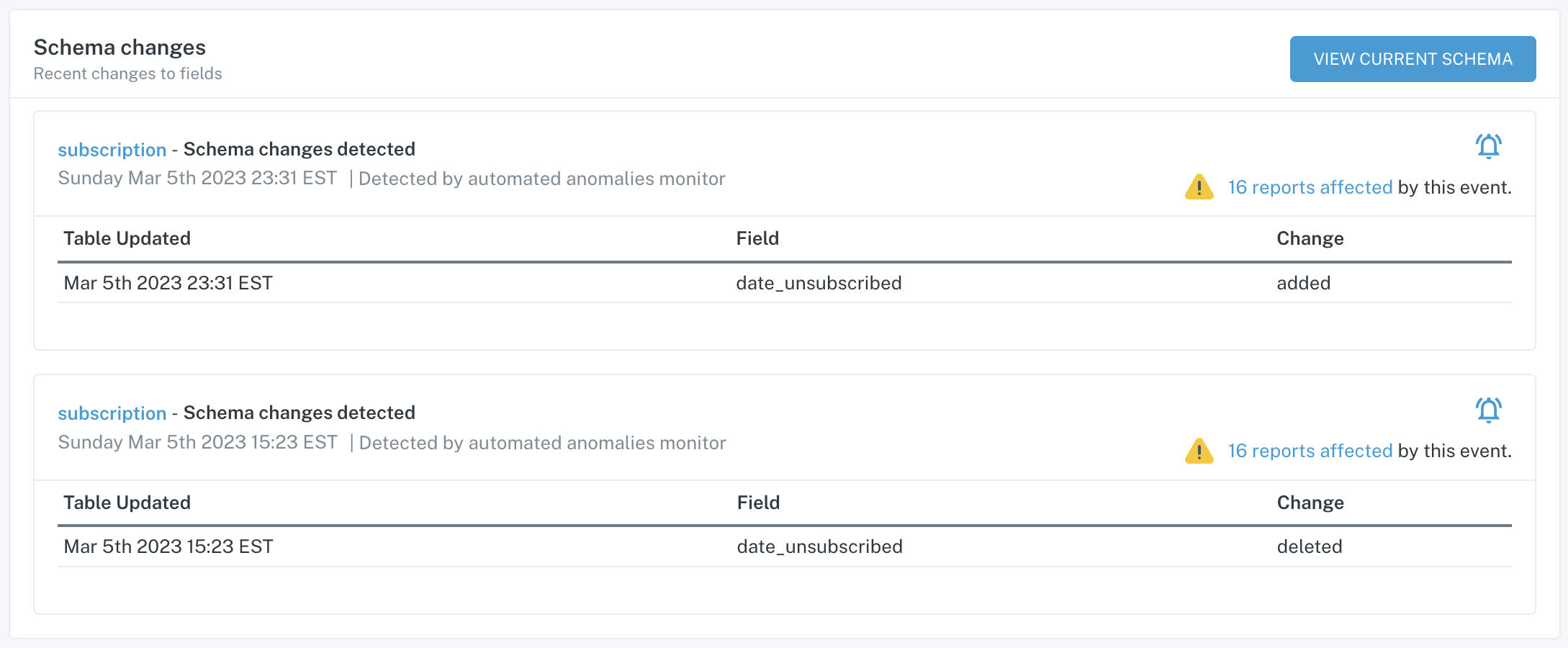 Schema Changes tab of a table's Catalog page