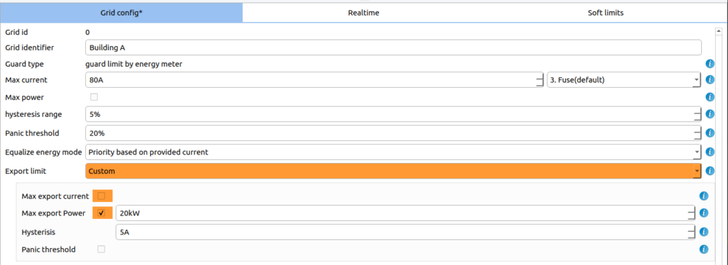 Grid configuration with custom export limit settings