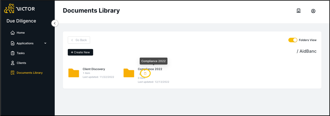 Figure 9. Delete Folder Trash Icon Within Documents Library Folders View