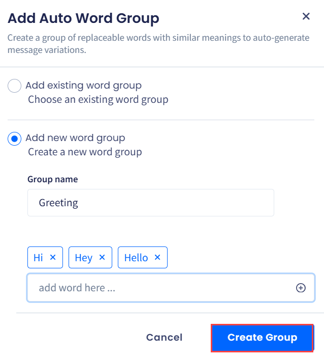 Screenshot of adding new word group