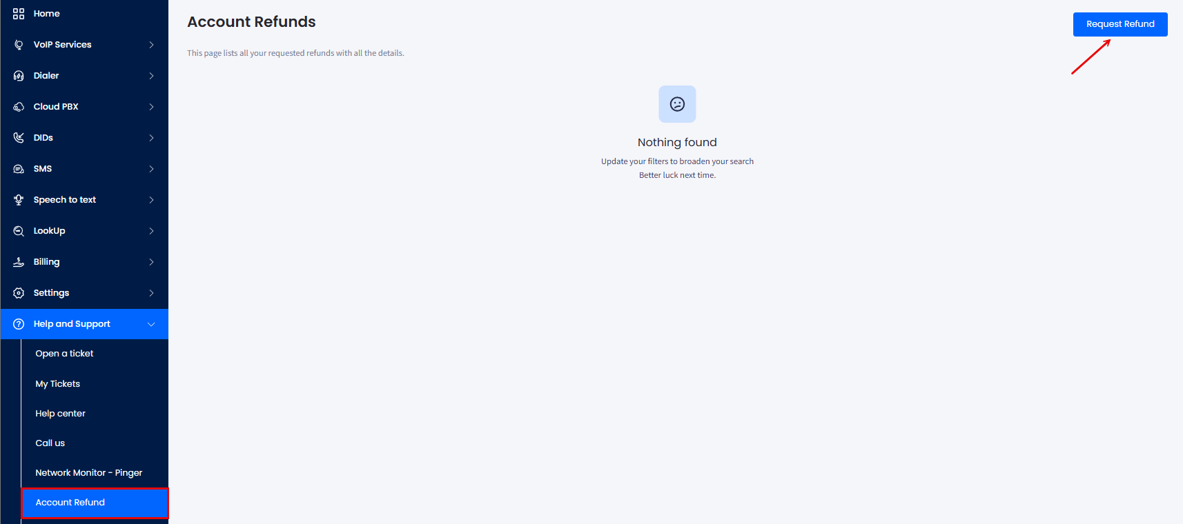 Screenshot of Account Refund in the main menu