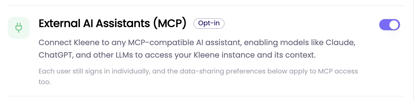 External AI Assistants MCP setting in Kleene