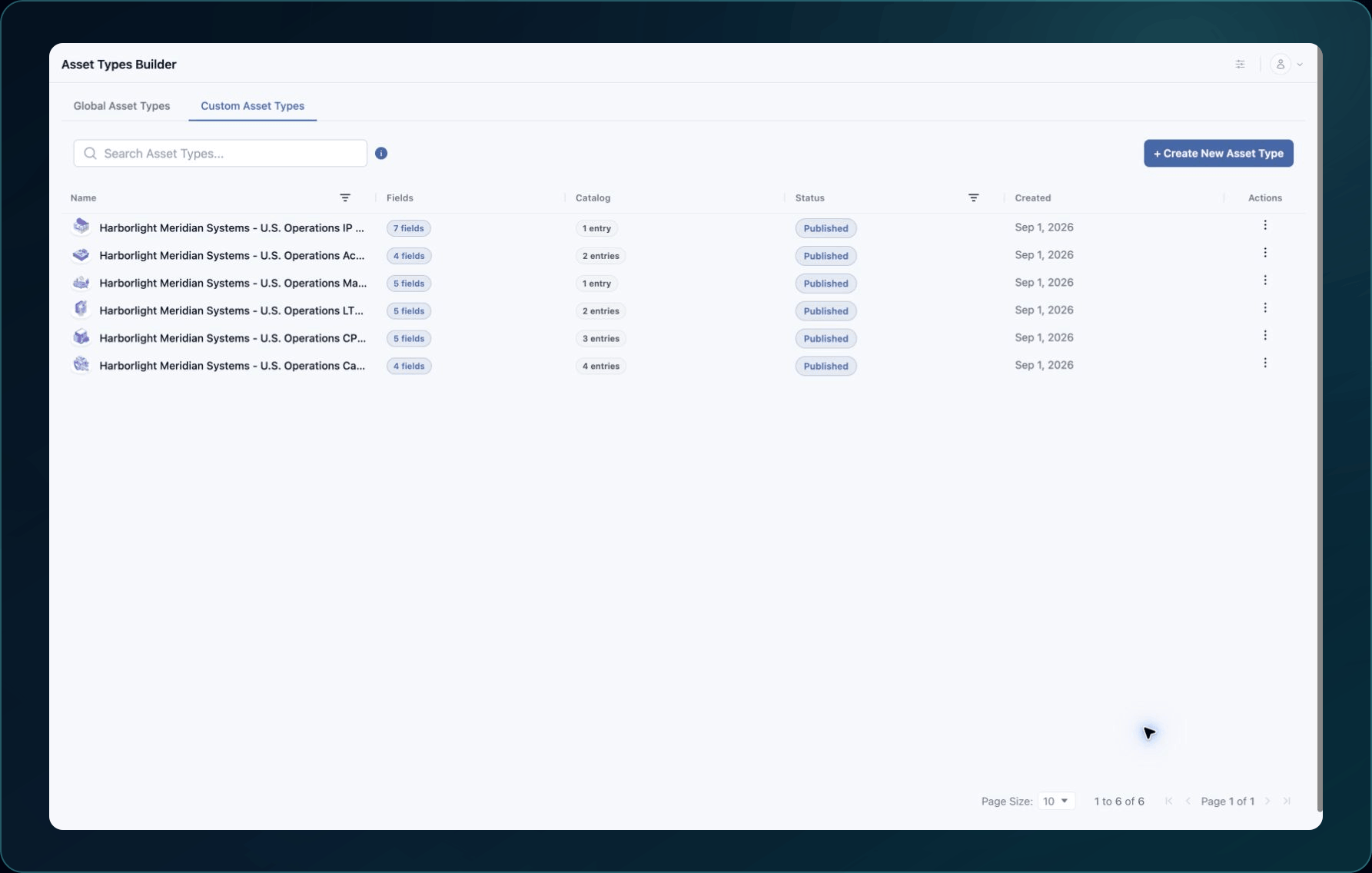 Custom Asset Types list showing example schemas, field and catalog counts, status, and row actions.