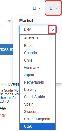 screenshot of the market selector drop-down on the storefront
